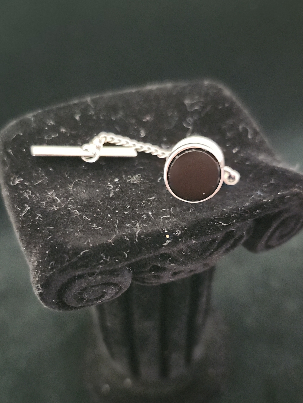 Vintage Silver Tone Round Black Onyx Tie Tack with Chain & Bar Clasp